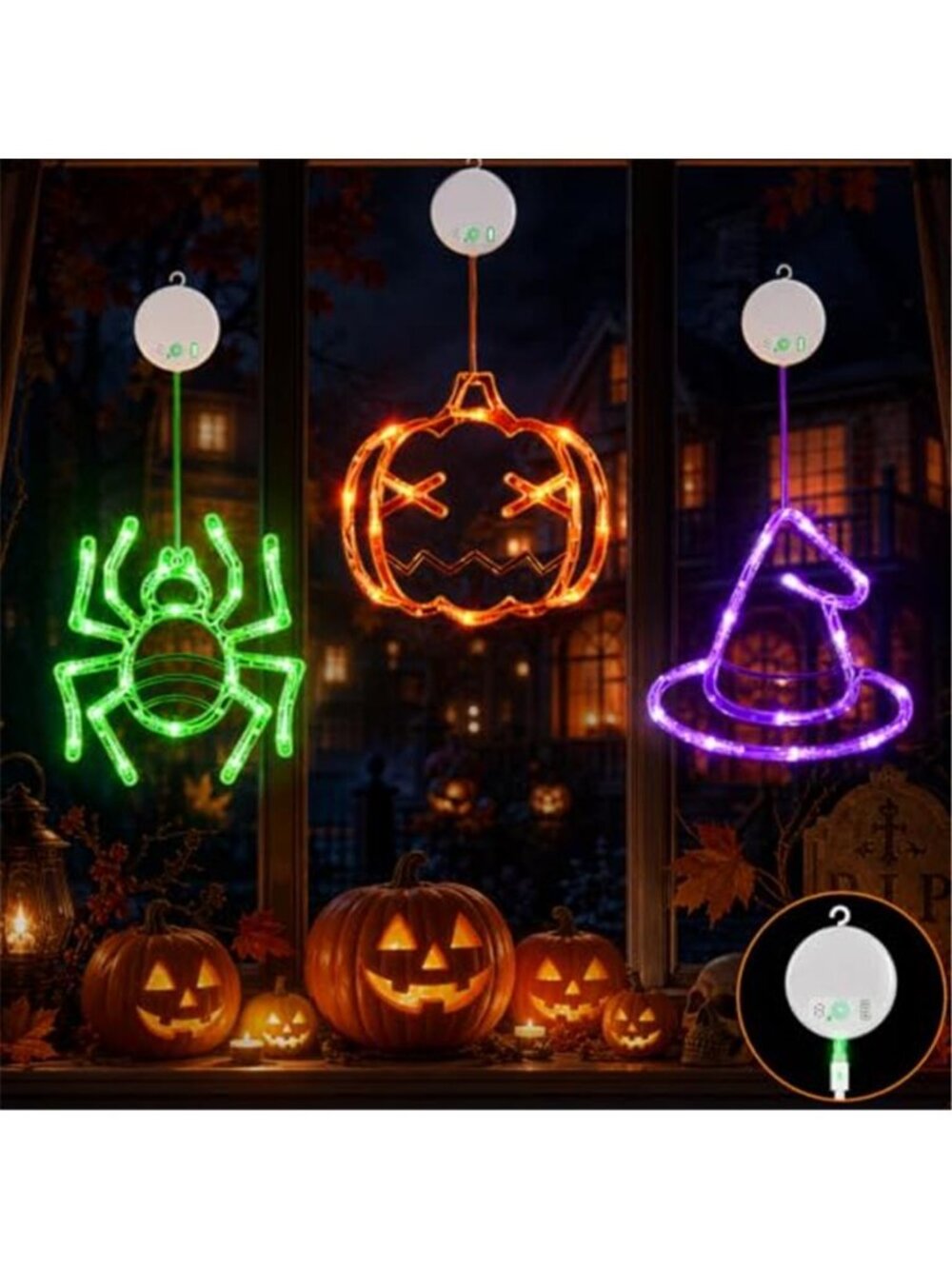 Rechargeable Pumpkin Spider Witch Halloween Window Lights, 3 Pack
